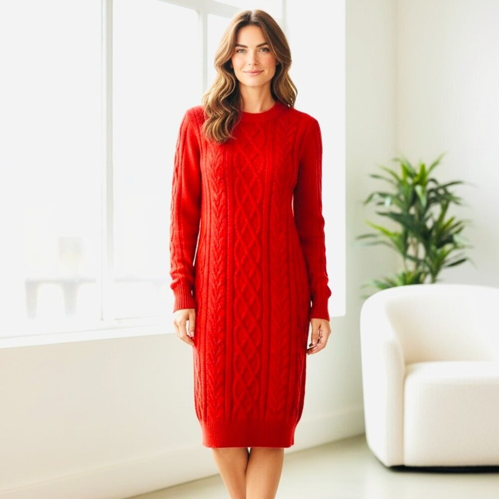 Old Navy Mock Neck Cable Knit Sweater Dress Sz‎ M Red 132A
